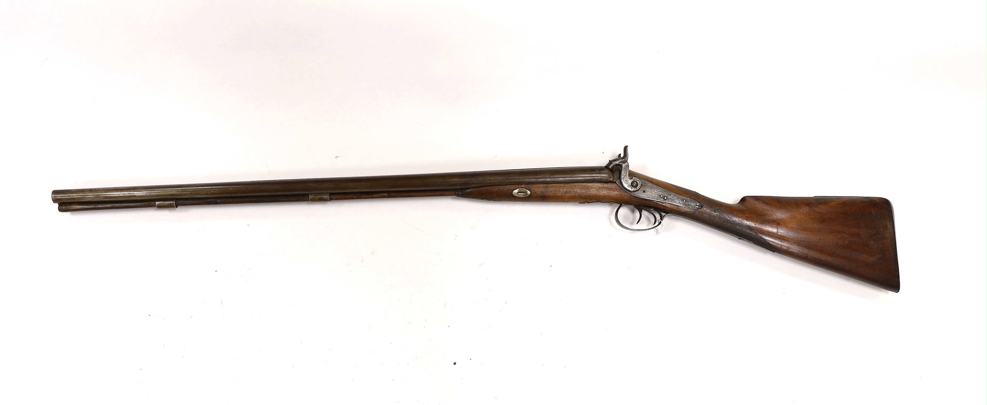 A 14 bore double-barrelled, side-by-side muzzle loading percussion shotgun, back action locks, circa 1850, barrel 77.5cm